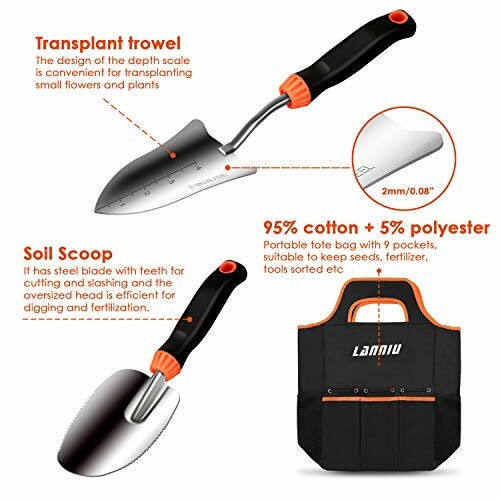 Gardening tools set with transplant trowel, soil scoop, and tool bag.