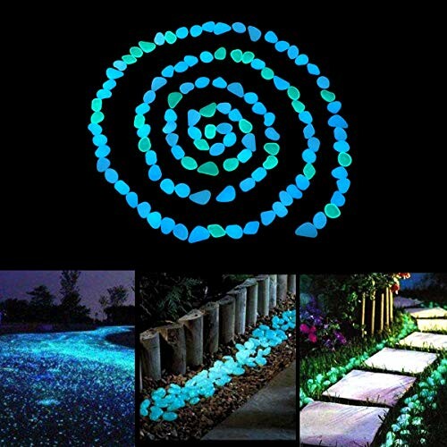 Spiral pattern of glowing stones and garden path with glowing stones.