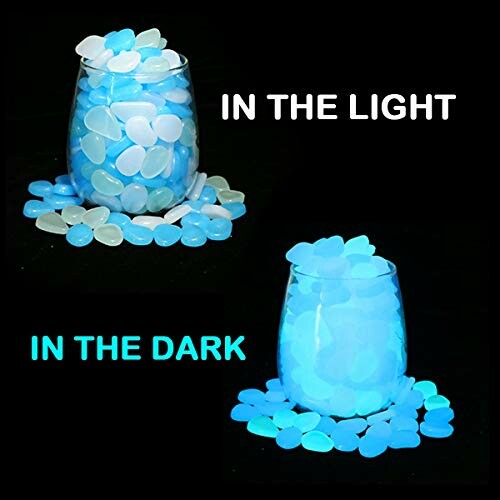 Glow in the dark stones in a glass, showing effect in light and dark.