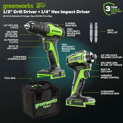 Greenworks 24V drill and impact driver set with batteries, charger, and tool bag