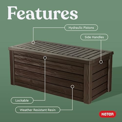 Keter deck box features labeled: lockable, weather resistant resin, hydraulic pistons, side handles.