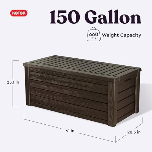 Keter 150-gallon storage box dimensions and weight capacity