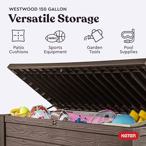 Keter 150 gallon storage box with sports equipment and tools.