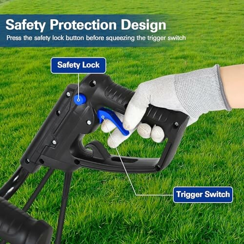 Gloved hand holding a lawn mower handle with safety lock and trigger switch labeled.