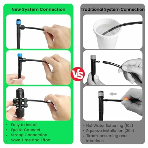 Comparison of new and traditional system connections with hands demonstrating installation.