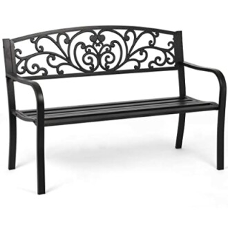 Ornate metal garden bench with decorative backrest