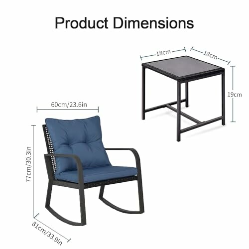 Dimensions of a blue cushioned rocking chair and a small square table.