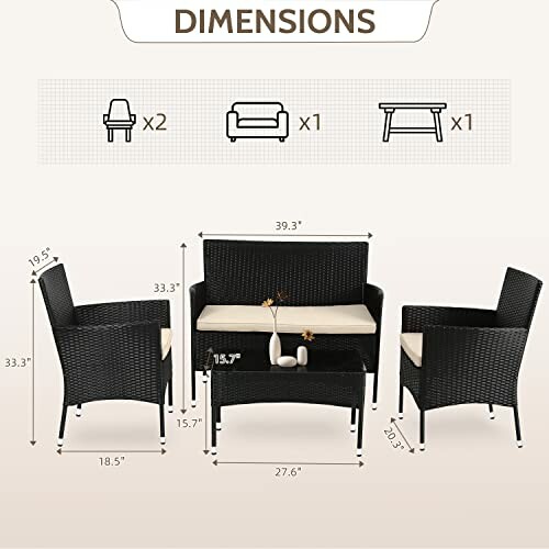 Diagram showing dimensions of outdoor furniture set: two chairs, one loveseat, and one table.