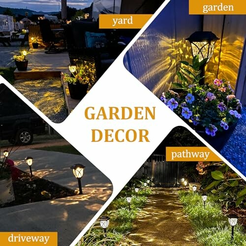 Collage of outdoor lighting for yard, garden, driveway, and pathway.