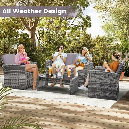 People enjoying drinks on a wicker patio furniture set.