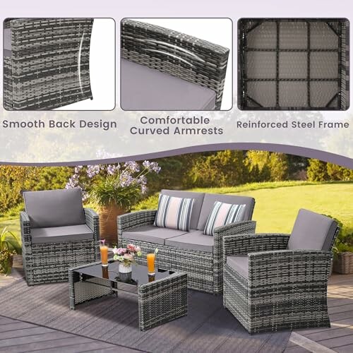 Outdoor patio furniture set with sofa, chairs, and coffee table in a garden.