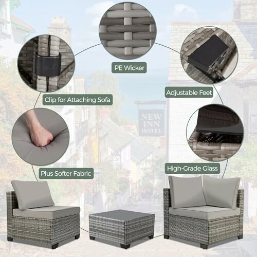 Outdoor patio furniture set with PE wicker, adjustable feet, clip for attaching sofa, plus softer fabric, and high-grade glass.