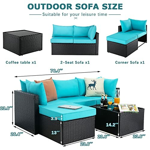 Outdoor sofa set with dimensions and labeled sections: coffee table, 2-seat sofa, and corner sofa.