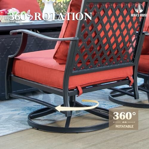 Outdoor swivel chair with red cushions and metal frame.