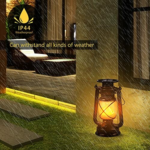 Weatherproof outdoor lantern with glowing light in rain.