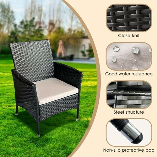 Outdoor wicker chair with close-knit design, water resistance, steel structure, and non-slip protective pad.