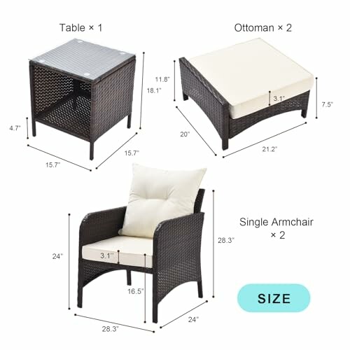 Patio furniture set with dimensions: table, ottoman, and single armchair.