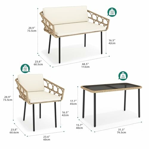 Dimensions of a patio furniture set including a bench, chair, and table with weight capacity.