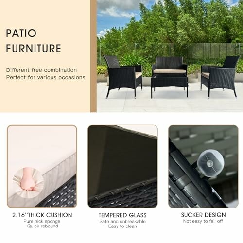 Outdoor patio furniture set with thick cushions, tempered glass, and sucker design.