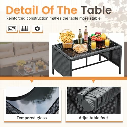 Details of a patio table with reinforced construction, tempered glass, and adjustable feet.