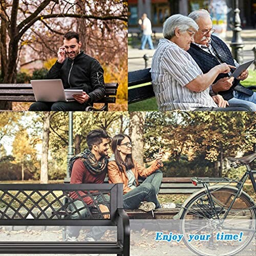 People using a park bench in different scenarios; talking, using a laptop, and relaxing.