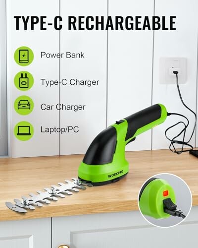 Rechargeable electric shear with Type-C charging on a kitchen counter.