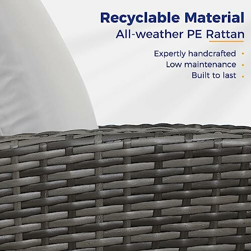 Close-up of recyclable PE rattan material with text describing features.