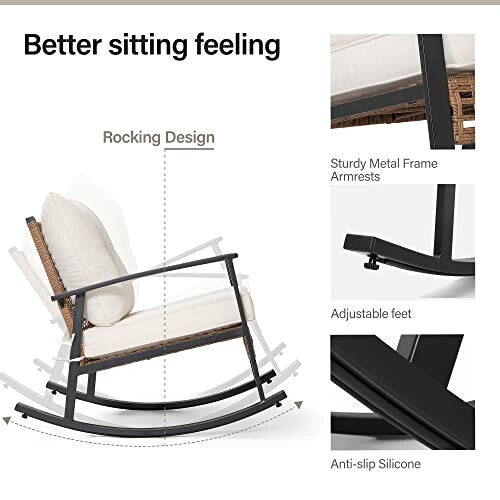 Rocking chair with metal frame, adjustable feet, and anti-slip silicone.