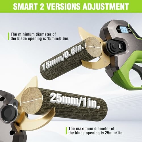 Pruning shears with adjustable blade sizes at 15mm and 25mm.