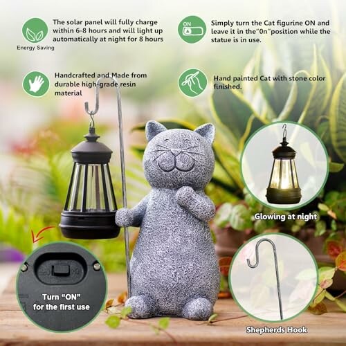 Solar cat garden lantern with instructions and features.