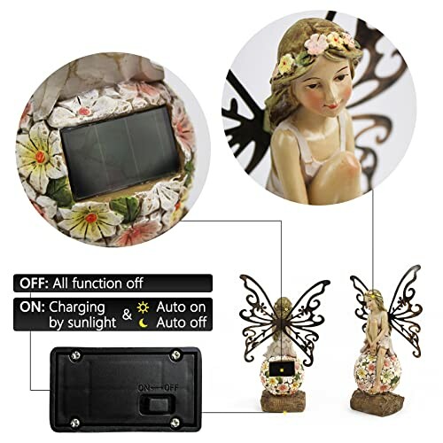 Solar-powered fairy garden statue with floral base and wings.