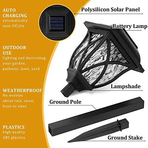 Solar garden lamp with polysilicon solar panel, auto charging, weatherproof, and high-quality ABS plastics.