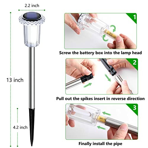 Step-by-step assembly guide for a solar garden light showing battery insertion and spike attachment.