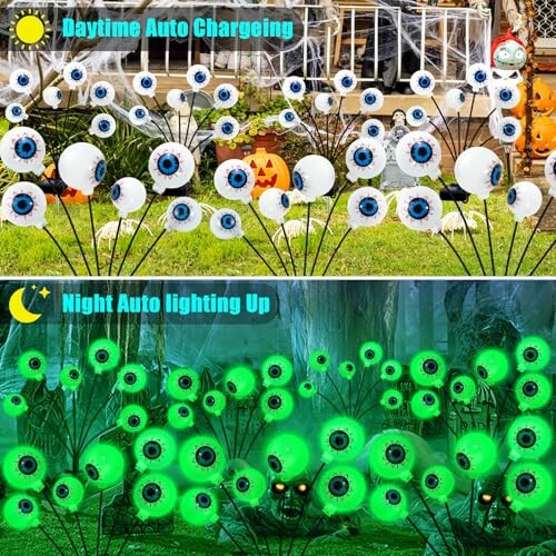 Halloween solar eyeball lights in garden, day and night view.