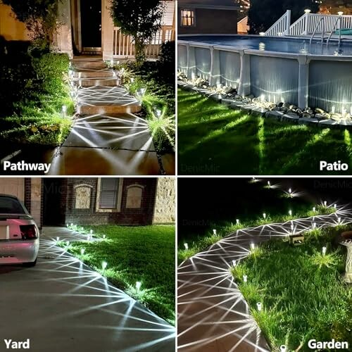 Collage of solar pathway lights illuminating a pathway, patio, yard, and garden at night.