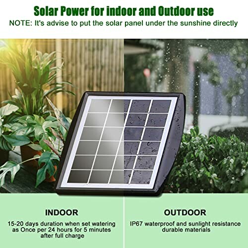 Solar panel for indoor and outdoor use with plants and water spray.