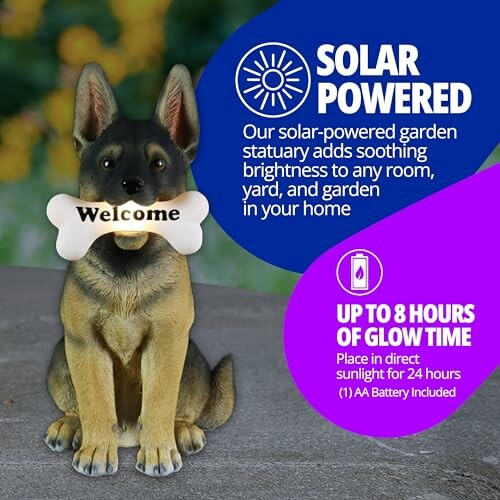 Solar-powered dog garden statuary with welcome sign and glow time details.