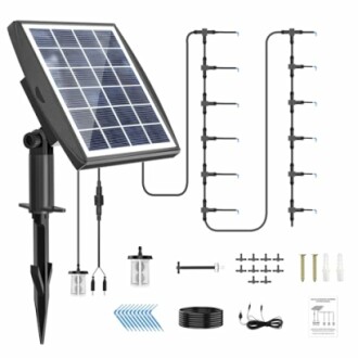 Solar panel with garden irrigation system components including connectors and tubing.