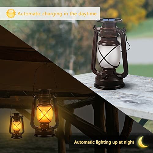 Solar-powered lantern charging during the day and lighting up at night.