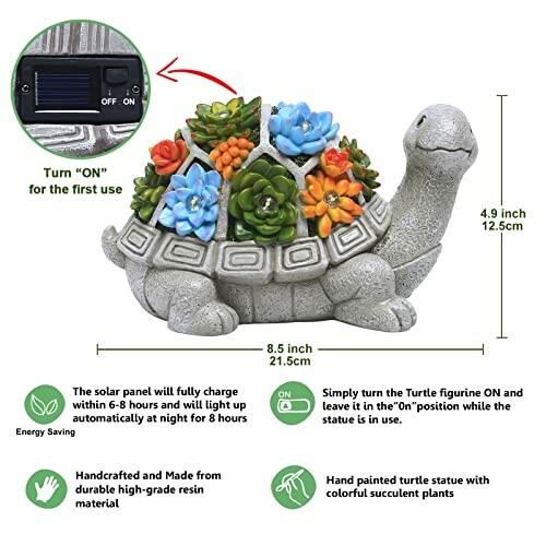 Decorative turtle garden statue with solar-powered lights and succulents.