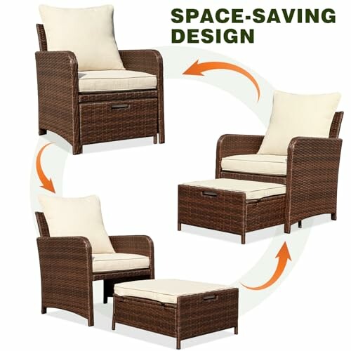 Space-saving wicker patio chair with pull-out ottoman.