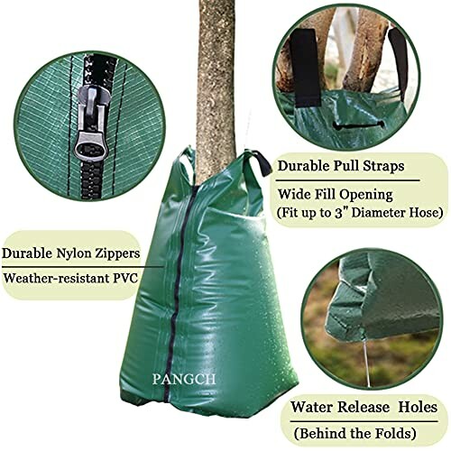 Tree watering bag with features like durable nylon zippers, pull straps, and water release holes.