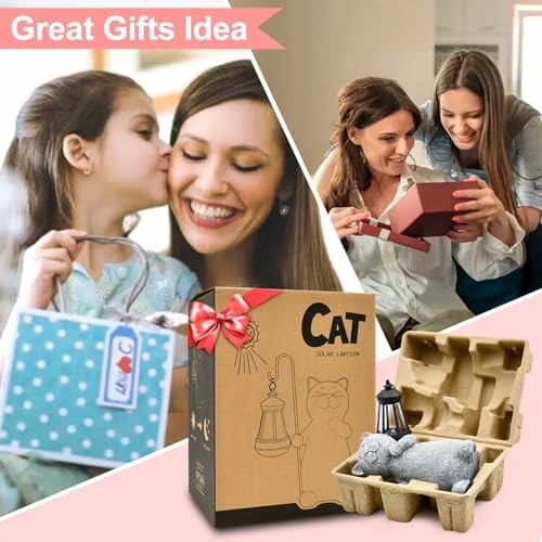 Collage of gift ideas: a child kissing a woman with a gift bag, two women opening a present, and a cat-shaped solar lantern.