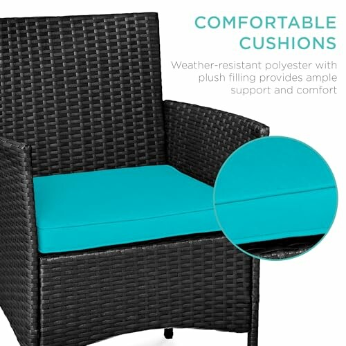 Wicker chair with teal cushion and comfort description.