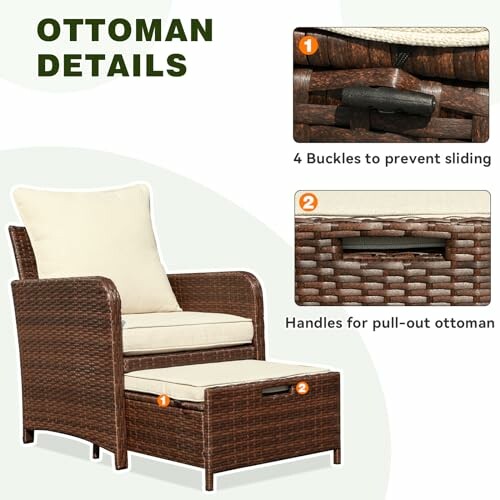 Wicker chair with pull-out ottoman and highlighted details of buckles and handles.