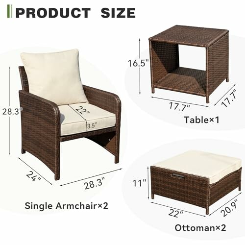 Wicker chair set with dimensions showing armchair, table, and ottoman sizes.