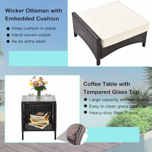 Wicker ottoman with cushion and coffee table with glass top, featuring storage space.