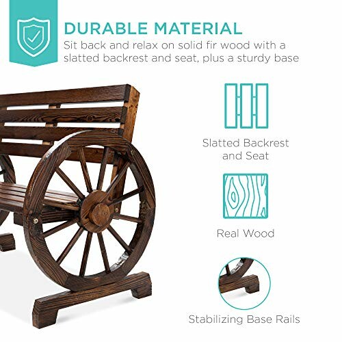 Wooden garden bench with slatted backrest and wagon wheel design.